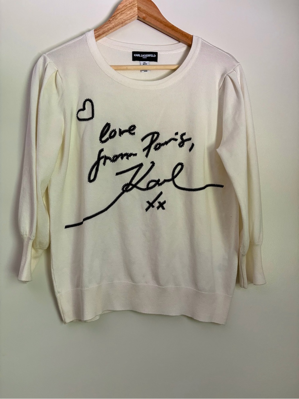 Karl Lagerfeld Paris “Love Paris, From Karl” Embroidered Sweater Cream Size M